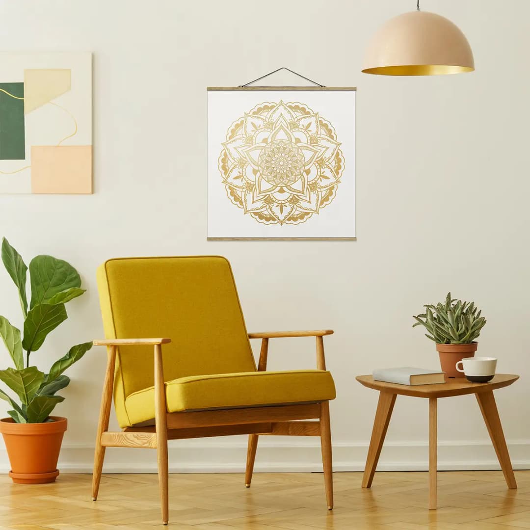 Stoffbild Mandala Blume Webstoff Gold | Gold