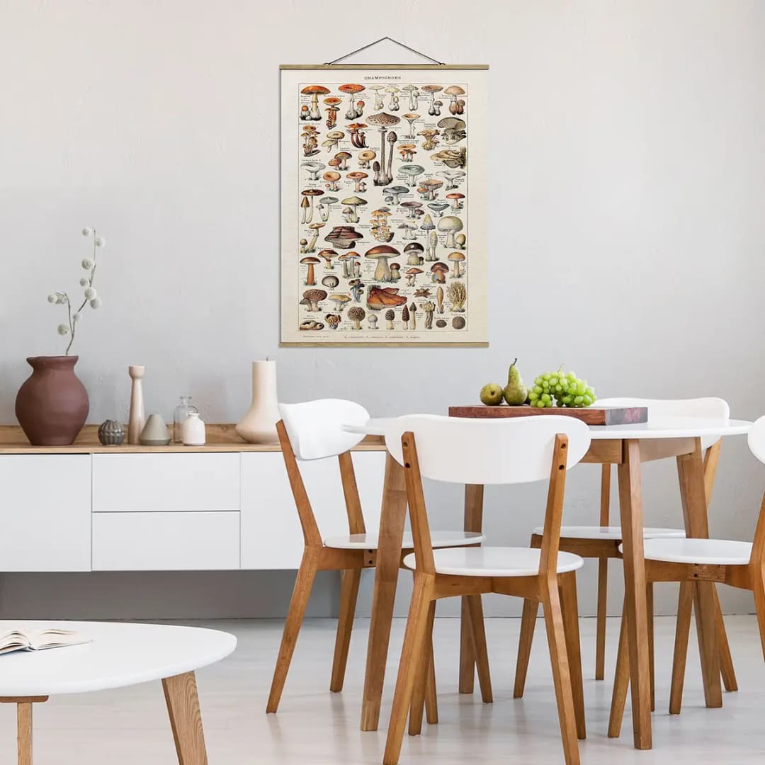Stoffbild Vintage Lehrtafel Pilze | Beige