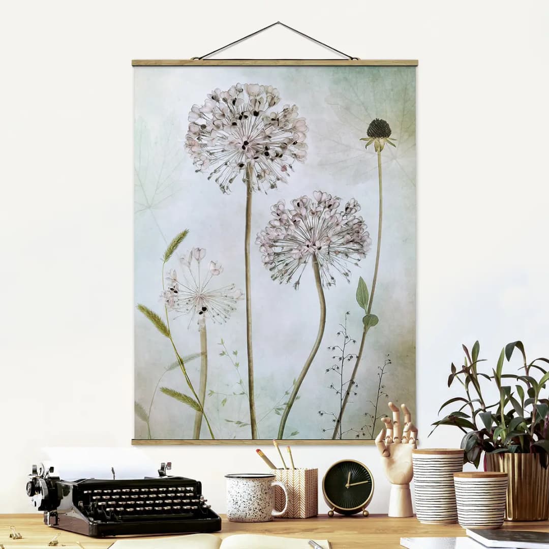 Stoffbild Lauchblüten in Pastell Webstoff Beige 50 x 66cm