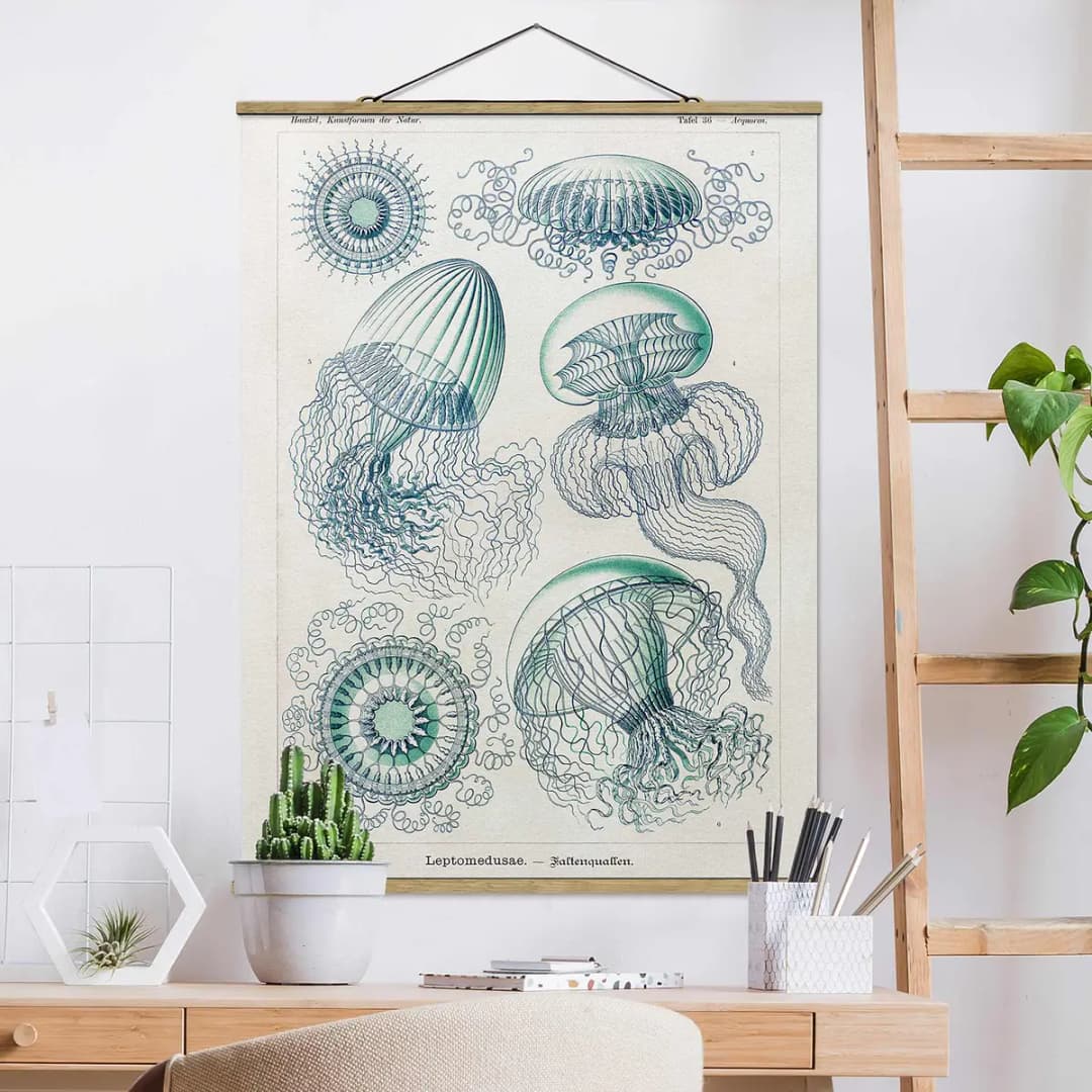 Stoffbild Vintage Lehrtafel Quallen II | Blau