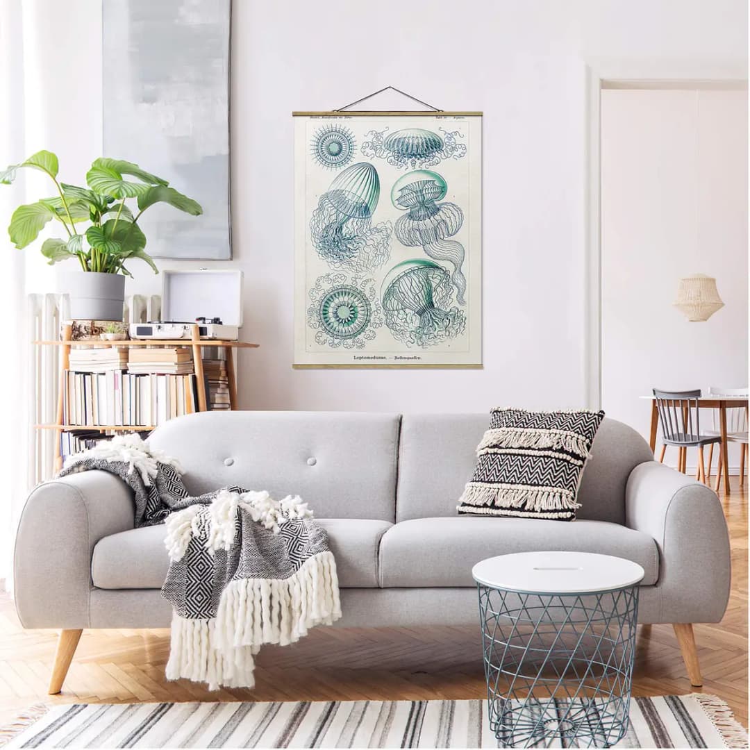 Stoffbild Vintage Lehrtafel Quallen II | Blau