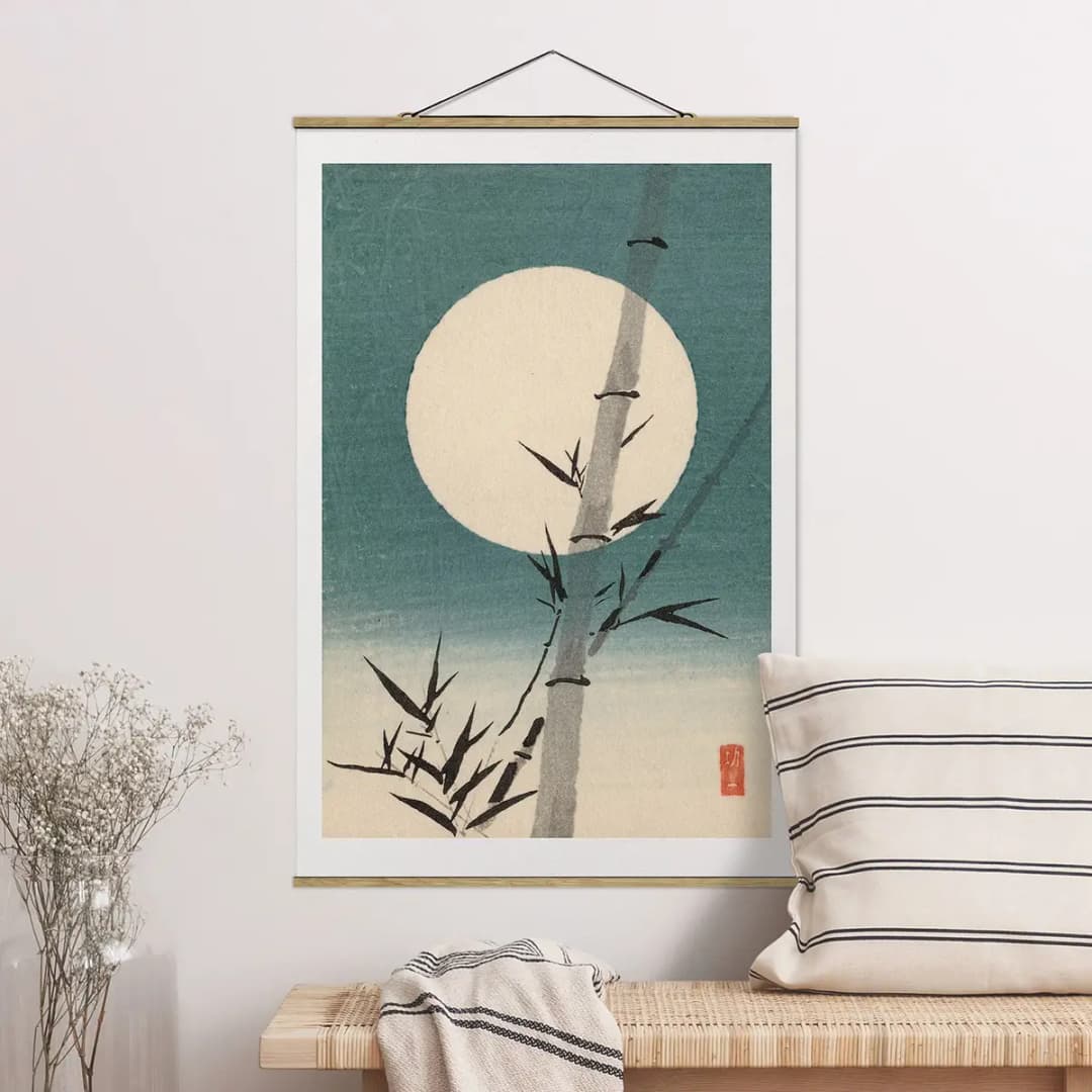 Stoffbild Japanischer Bambus & Mond | Blau
