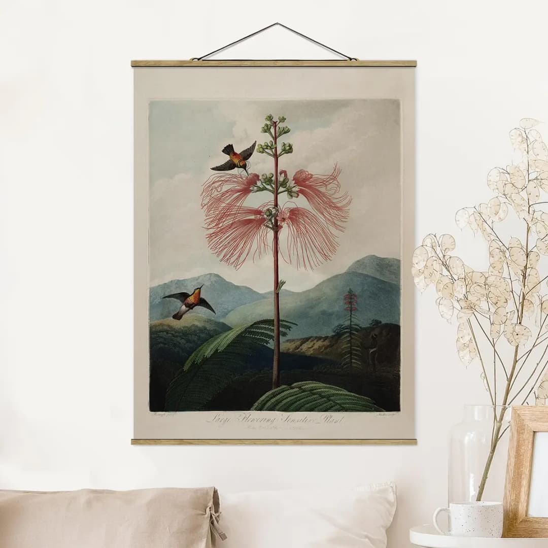 Stoffbild Botanik Blüte & Kolibri | Mehrfarbig
