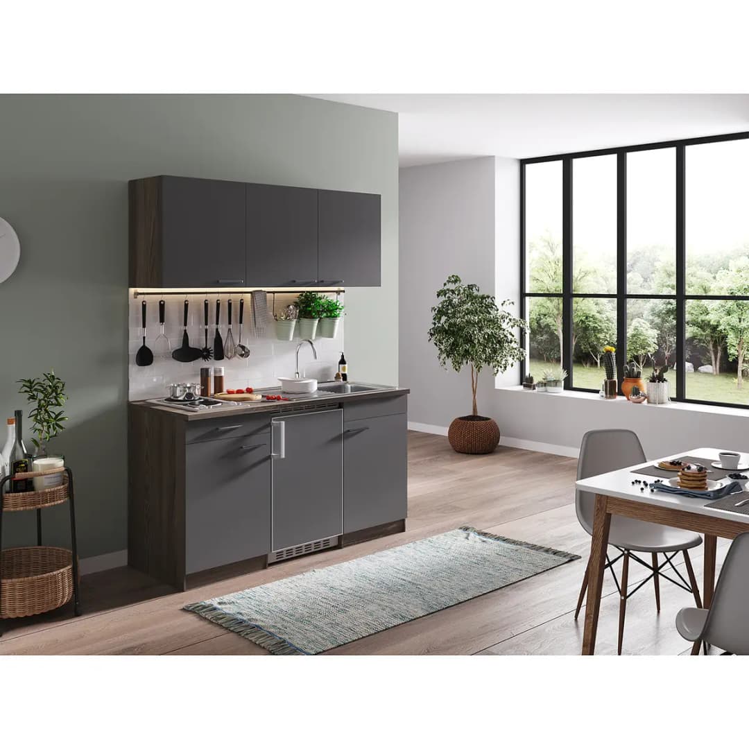 Single-Küchenzeile Oliver I 150cm Grau/Grau/Eiche Dunkel Dekor | Grau