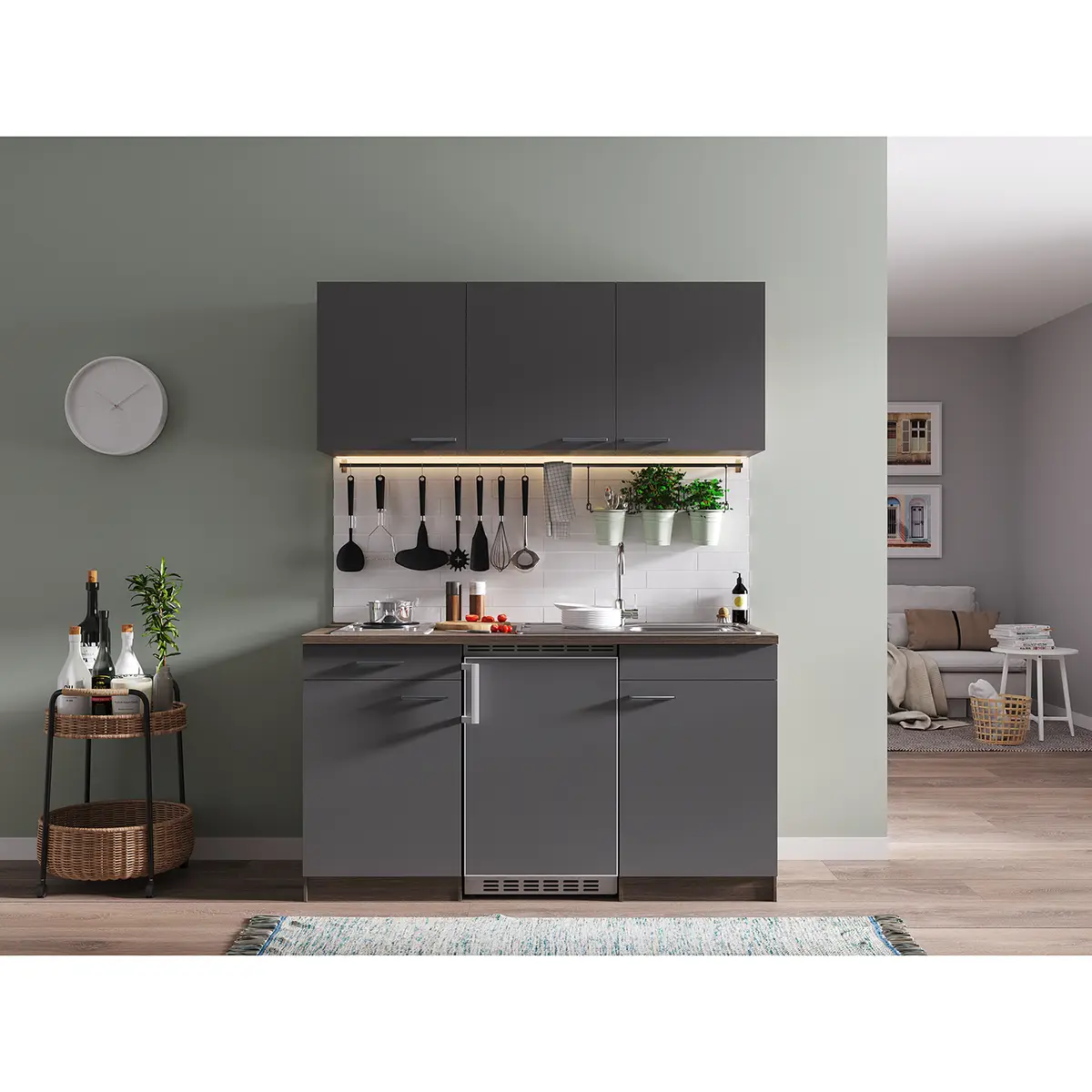 Single-Küchenzeile Oliver I 150cm Grau/Grau/Eiche Dunkel Dekor | Grau