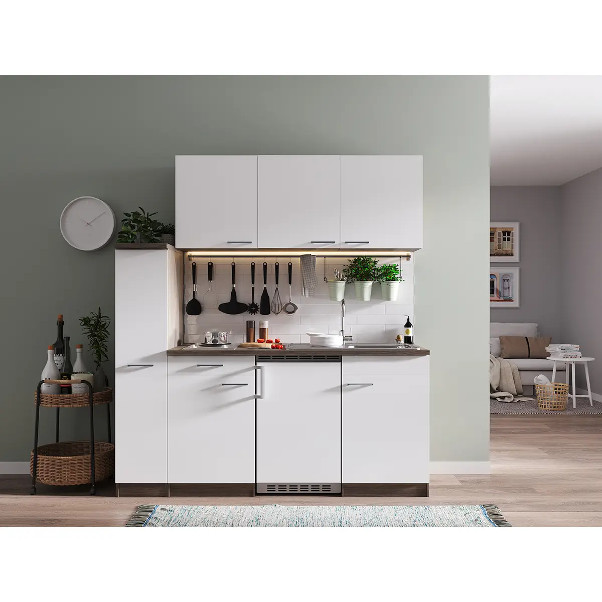 Single-Küchenzeile Oliver I 180cm Weiß/Weiß/Eiche Dunkel Dekor | Weiß