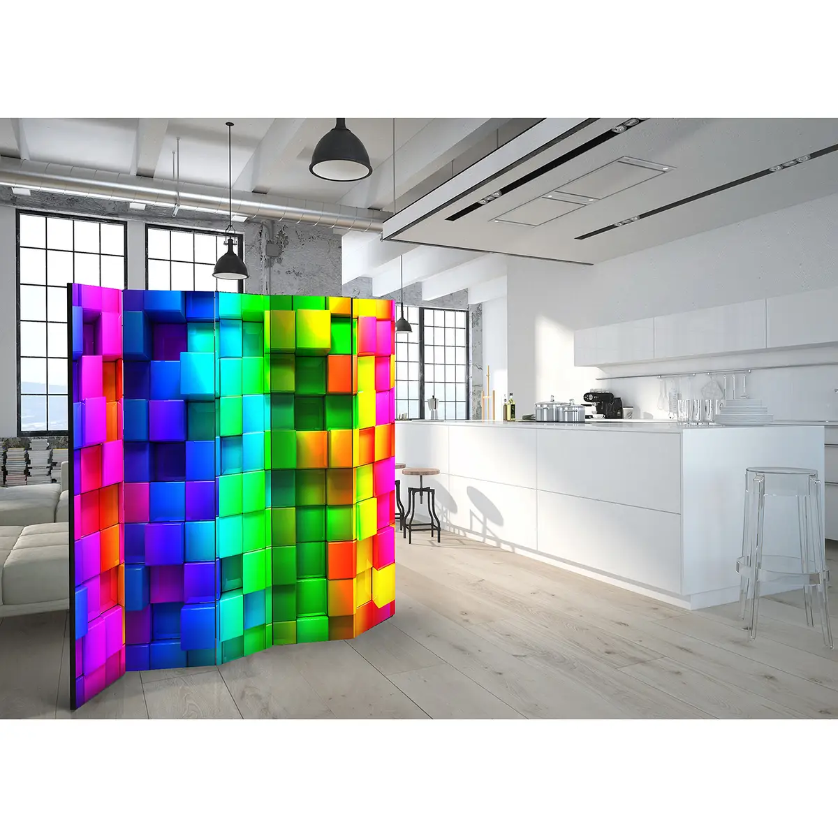 Paravent Colourful Cubes Fleece Multicolor | Mehrfarbig