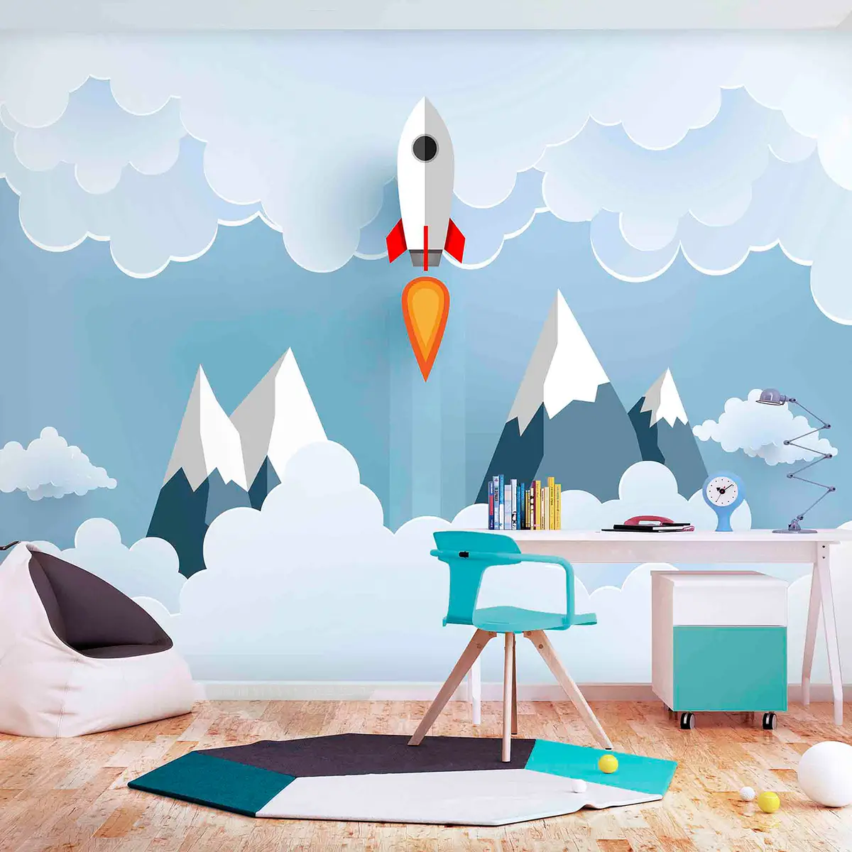 Vlies Fototapete Rocket in the Clouds | Blau