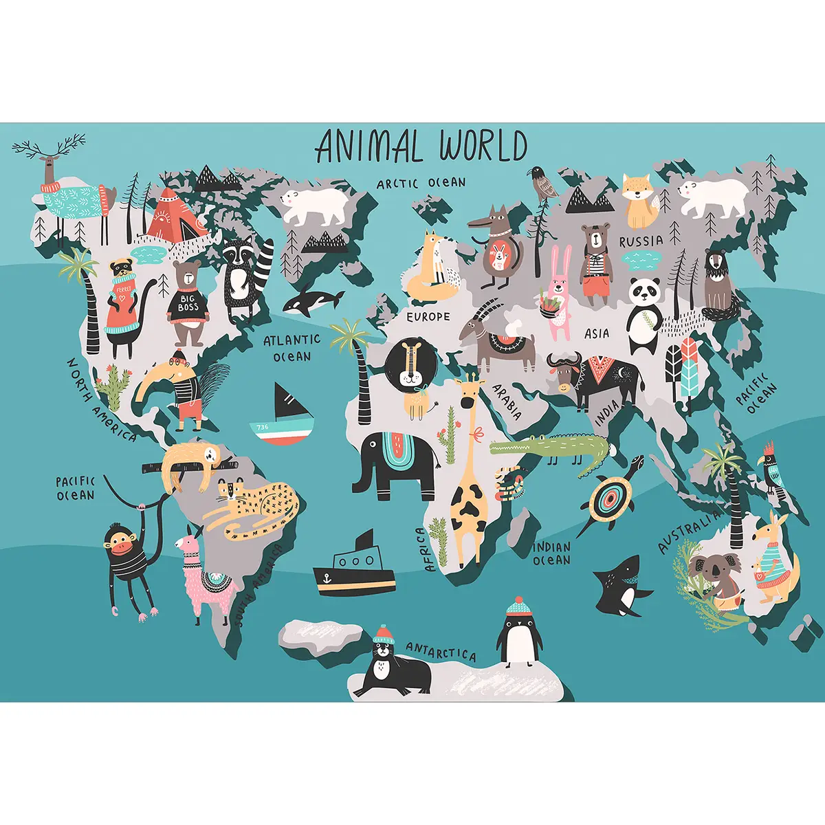 Vlies Fototapete Animal Map | Mehrfarbig