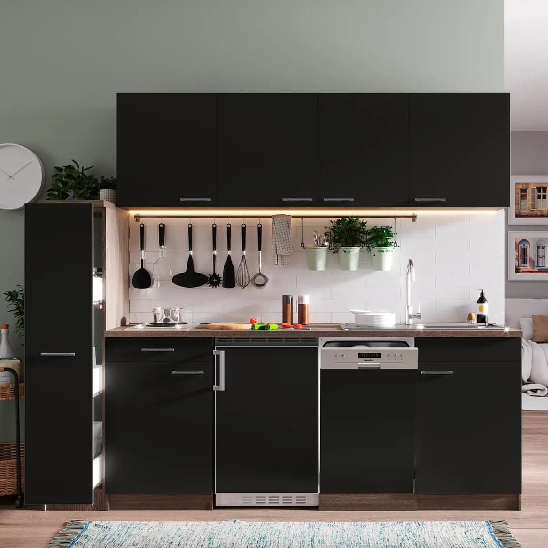 Küchenzeile Oliver VII 225cm Schwarz/Schwarz Kochplatte | Schwarz