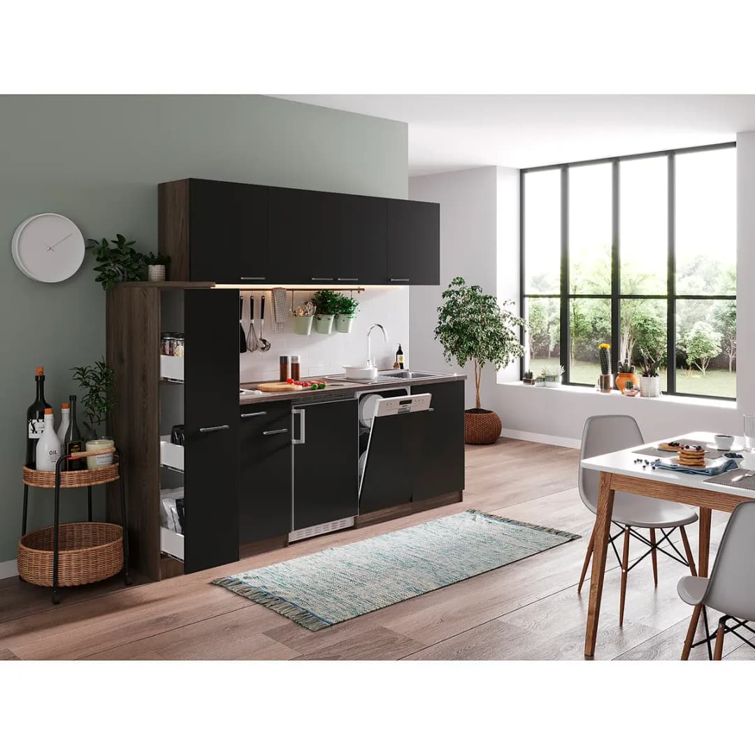 Küchenzeile Oliver VII 225cm Schwarz/Schwarz Kochplatte | Schwarz