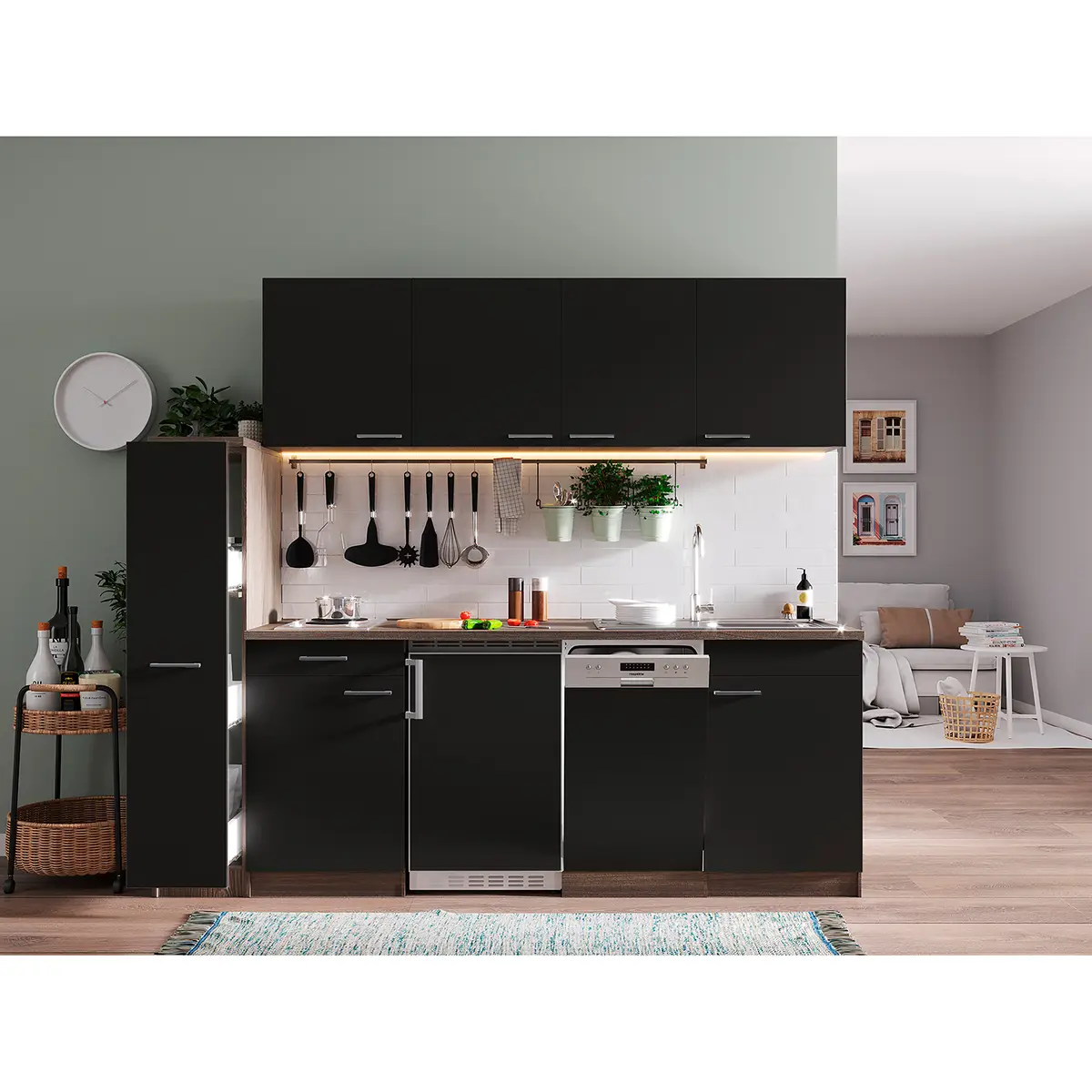 Küchenzeile Oliver VII 225cm Schwarz/Schwarz Kochplatte | Schwarz