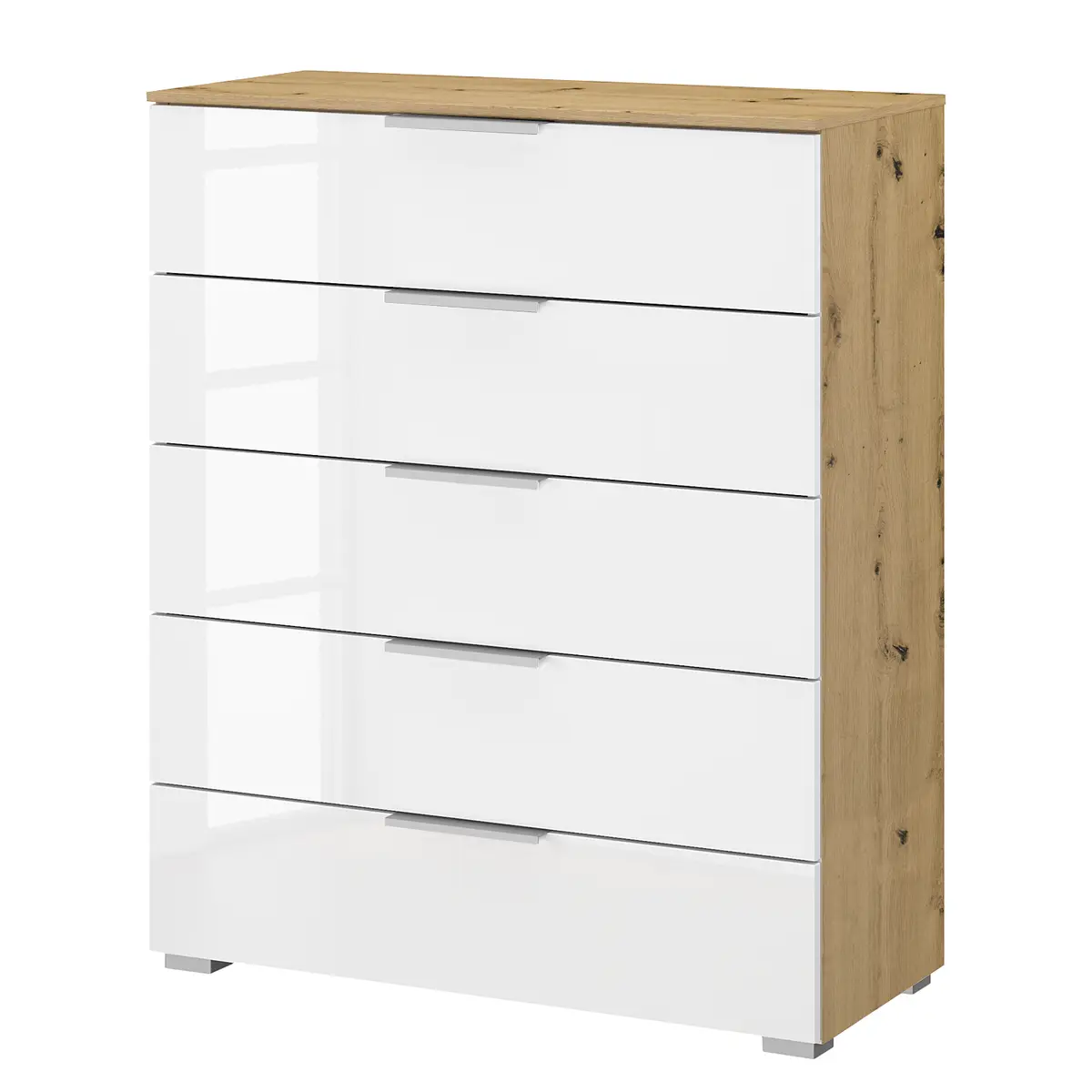 Kommode x5 80cm Weiß/Hochglanz Weiß/Eiche Artisan Dekor
