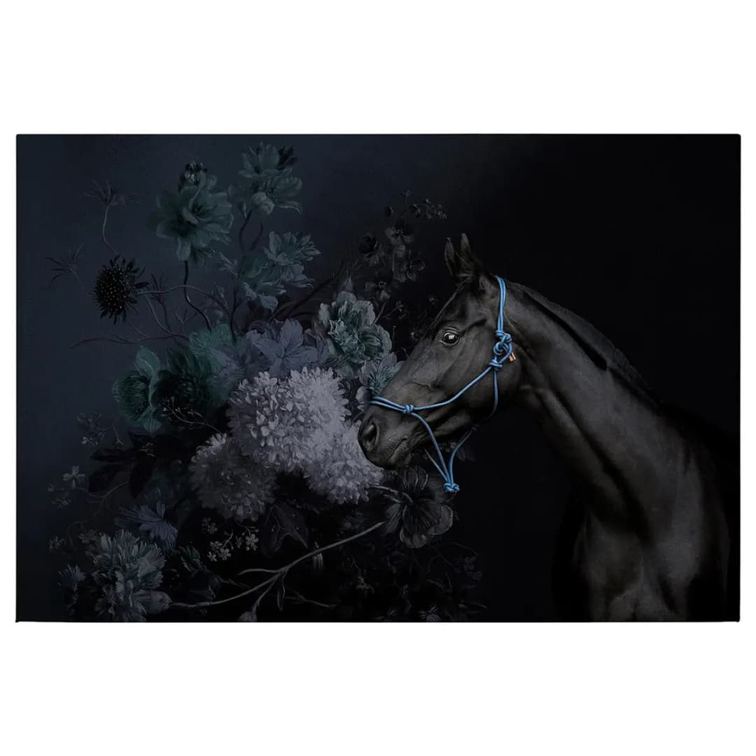 Leinwandbild Pferd & Blumen | Blau