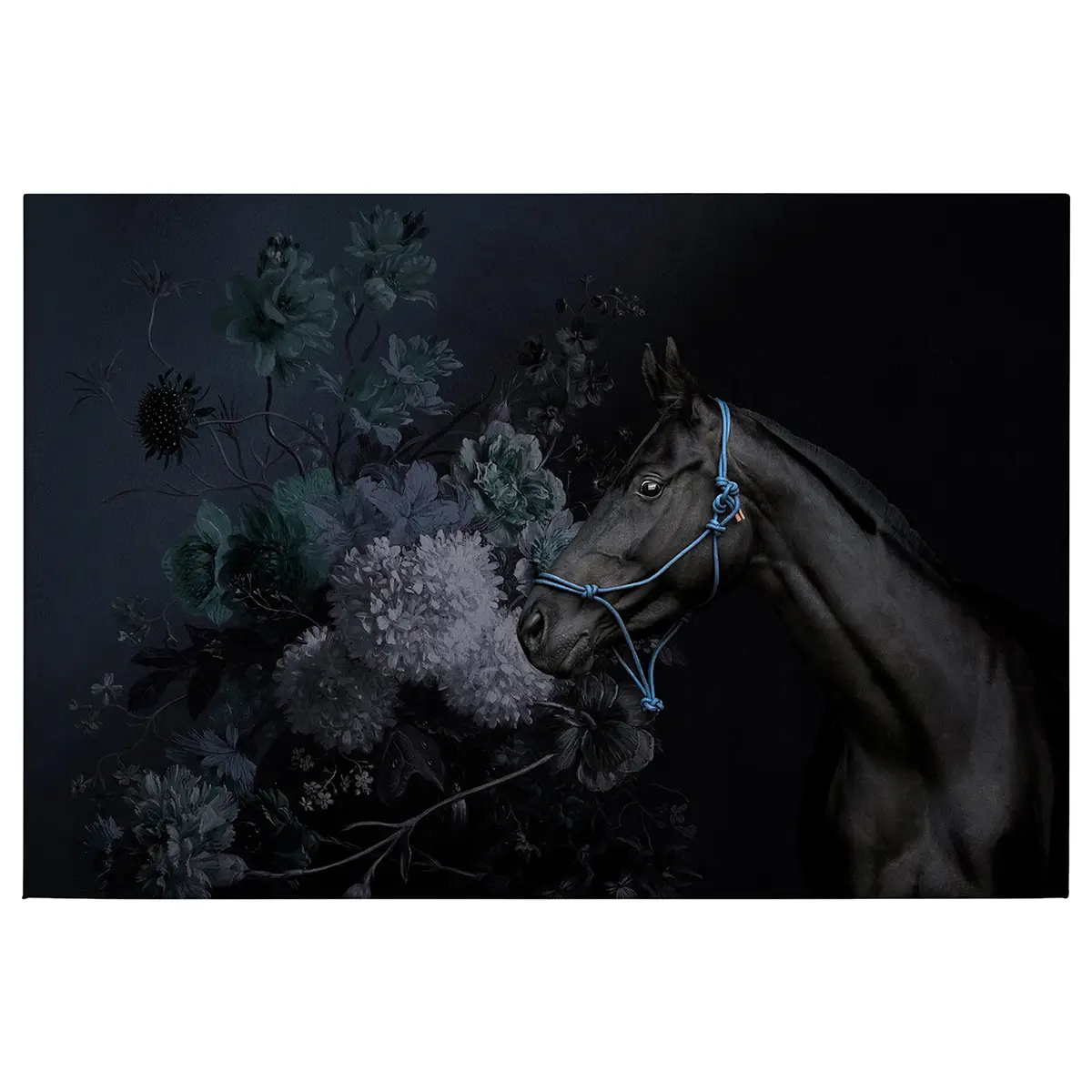 Leinwandbild Pferd & Blumen | Blau