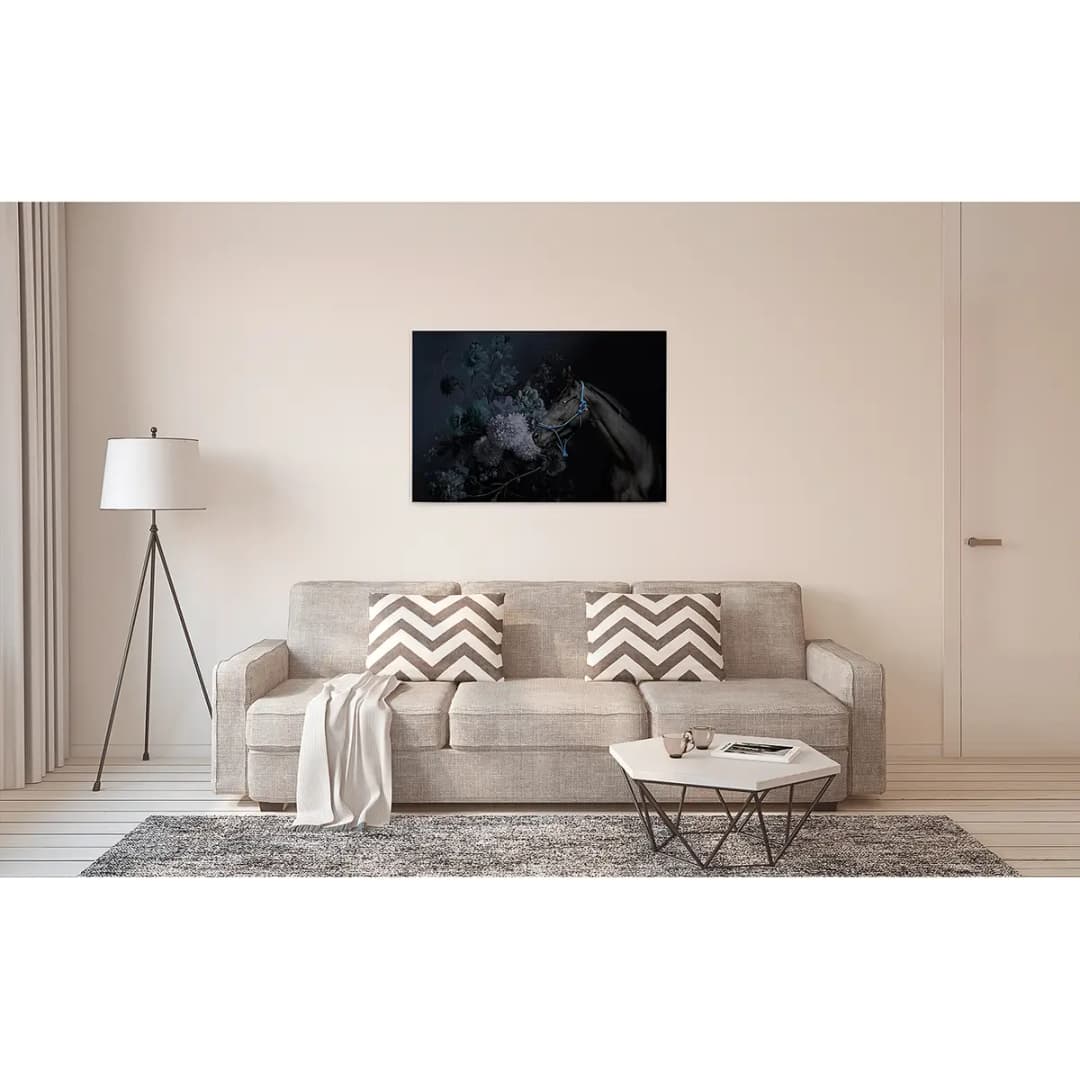 Leinwandbild Pferd & Blumen | Blau