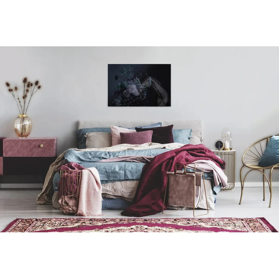 Leinwandbild Pferd & Blumen | Blau