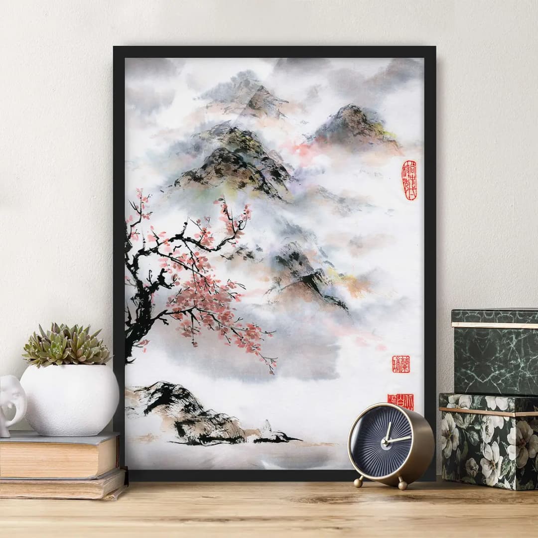 Bild Aquarell Kirschbaum und Berge | Grau