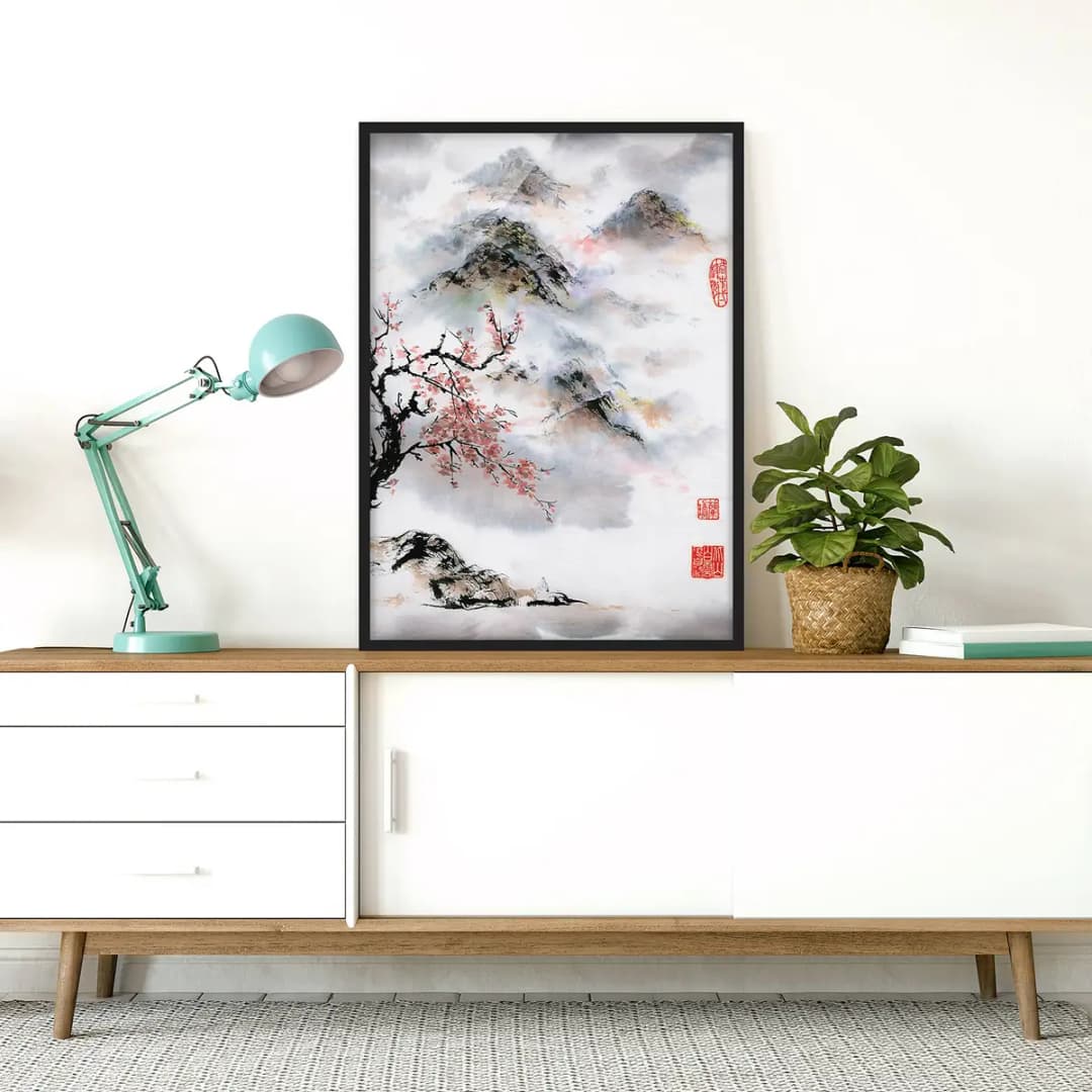 Bild Aquarell Kirschbaum und Berge | Grau