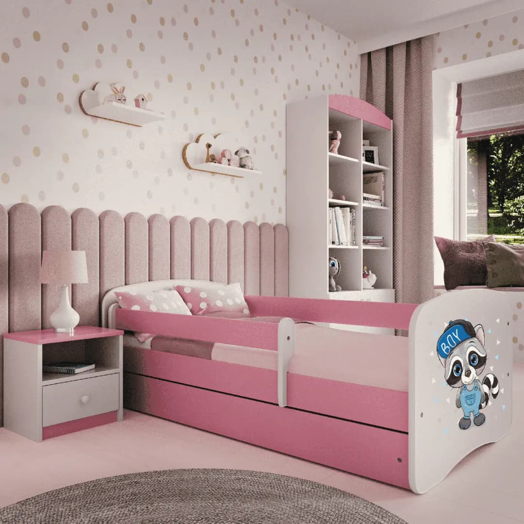Kinderbett Waschbär 70 x 140cm mit Lattenrost | Pink