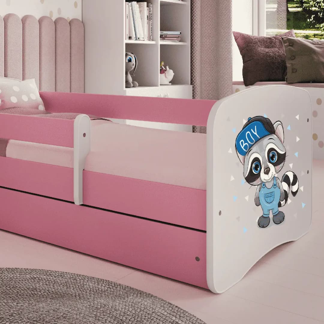 Kinderbett Waschbär 70 x 140cm mit Lattenrost | Pink