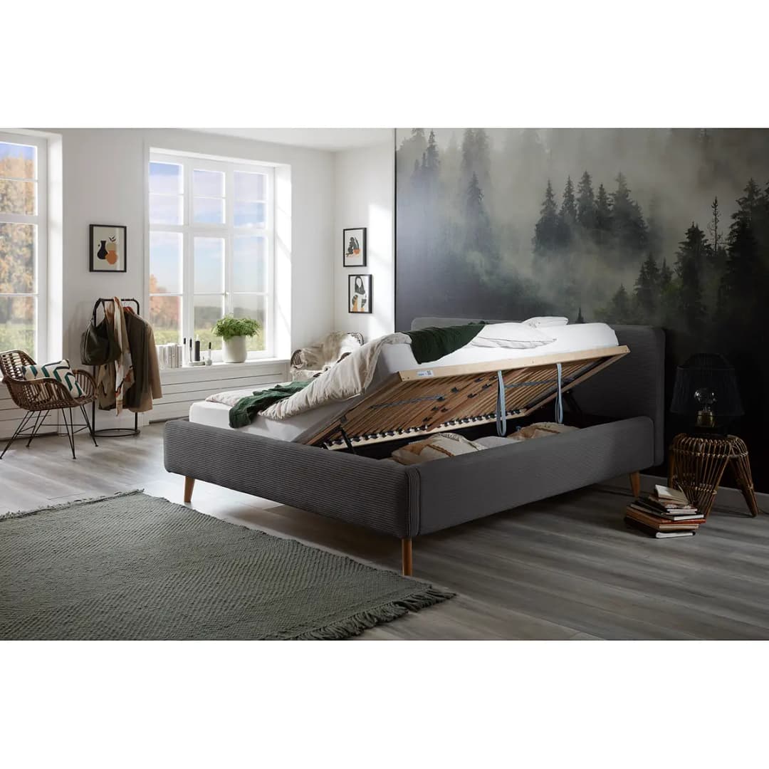 Polsterbett MATTIS 160 x 200cm Cordstoff Poppy Grau/Grau mit | Grau
