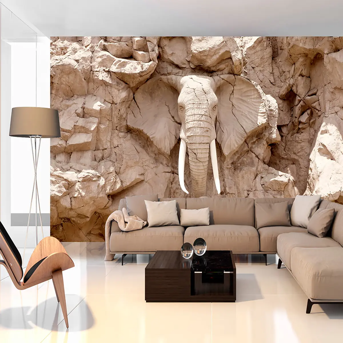 Vlies Fototapete Elephant Carving | Beige