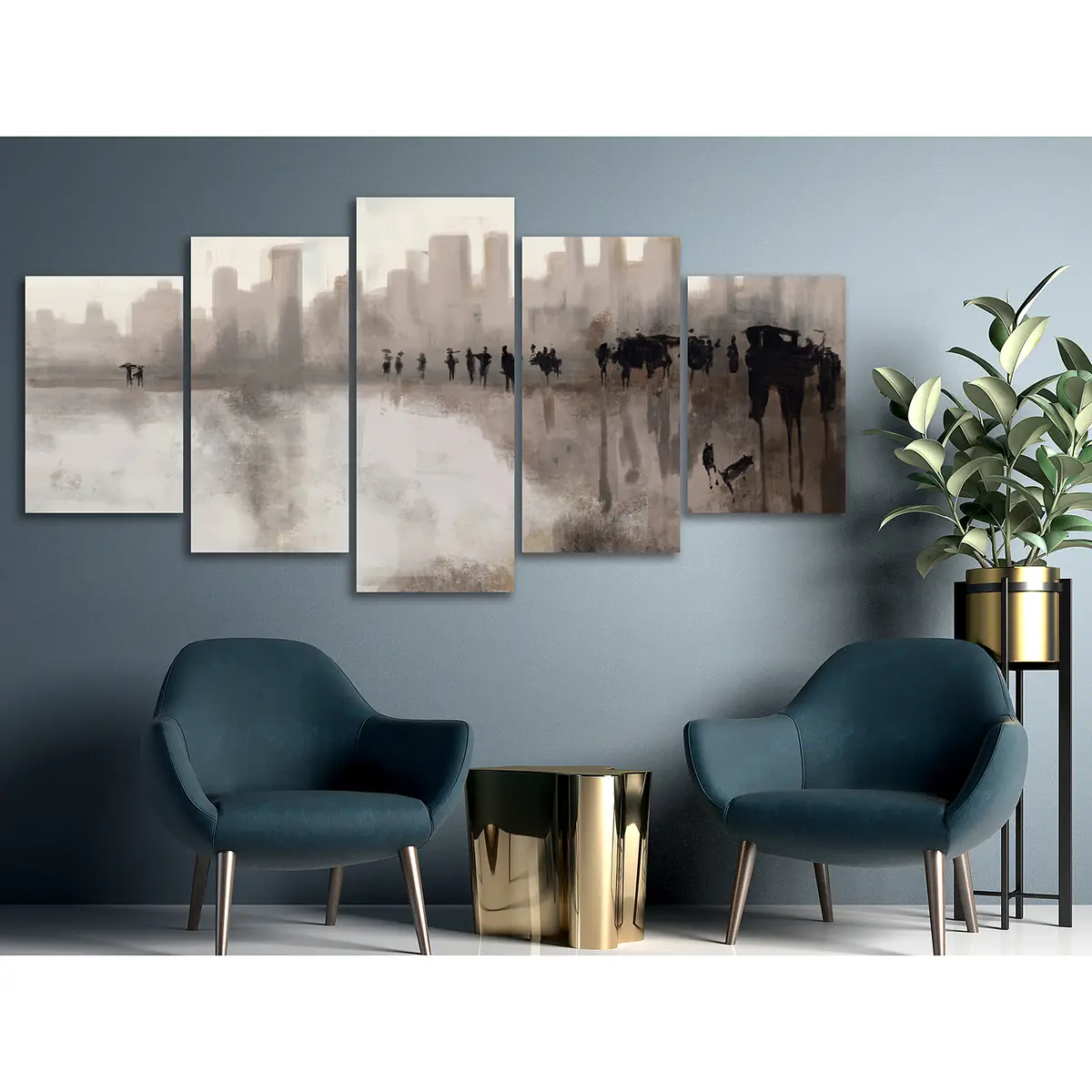 Wandbild City in the Rain 5-teilig | Grau