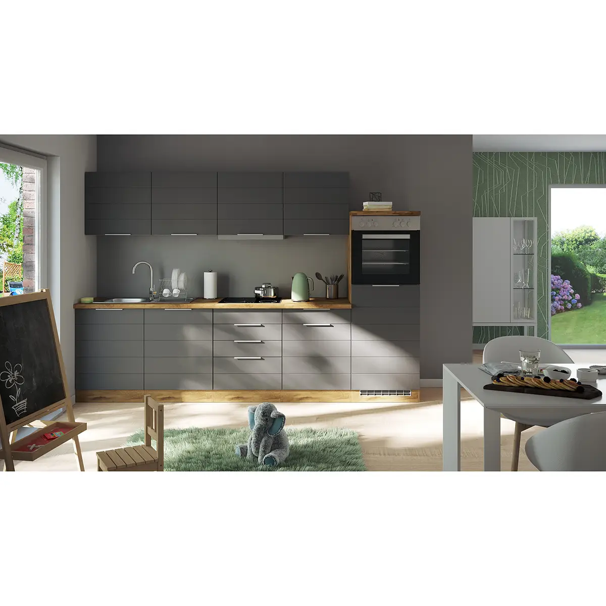 Küchenzeile Florenz III 300cm Grau/Matt Grau Glaskeramik mit | Grau