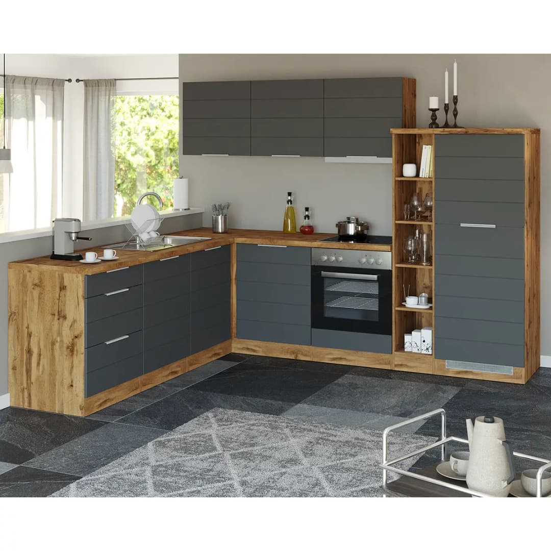 Eckküche Florenz I 240cm Grau/Matt Grau mit Elektrogeräten | Grau