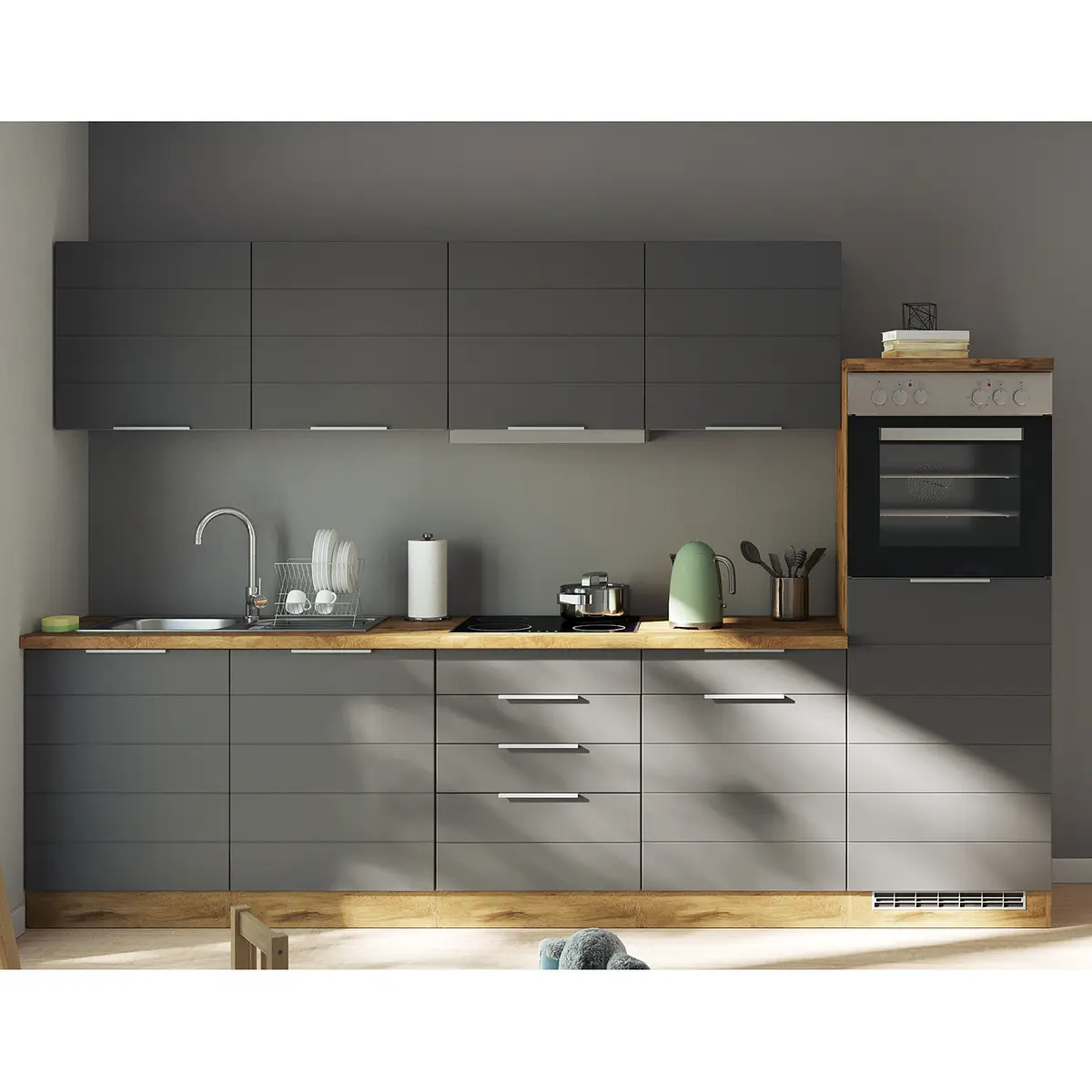 Küchenzeile Florenz IV 300cm Grau Matt Grau Glaskeramik mit | Grau