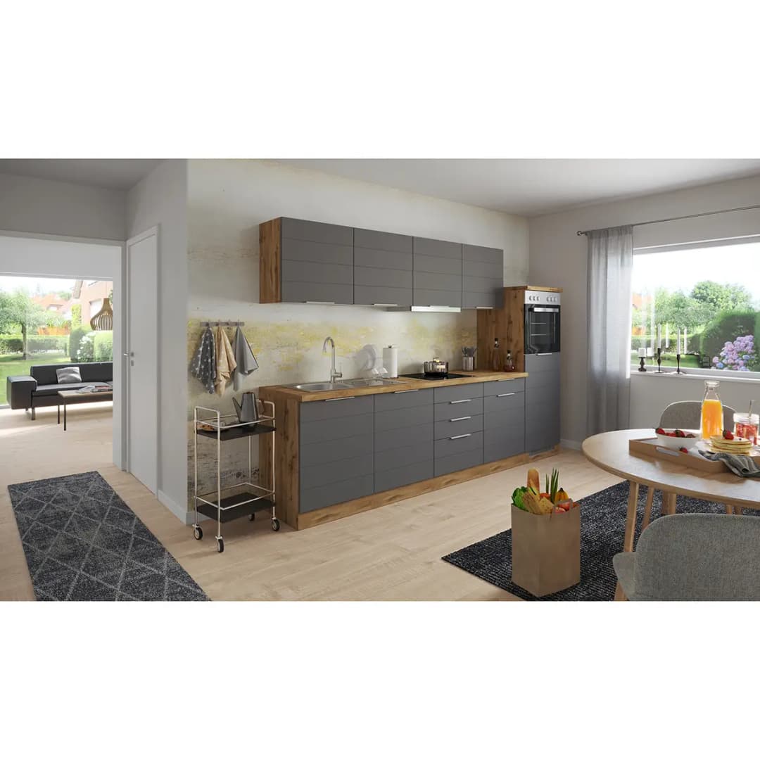 Küchenzeile Florenz IV 300cm Grau Matt Grau Glaskeramik mit | Grau