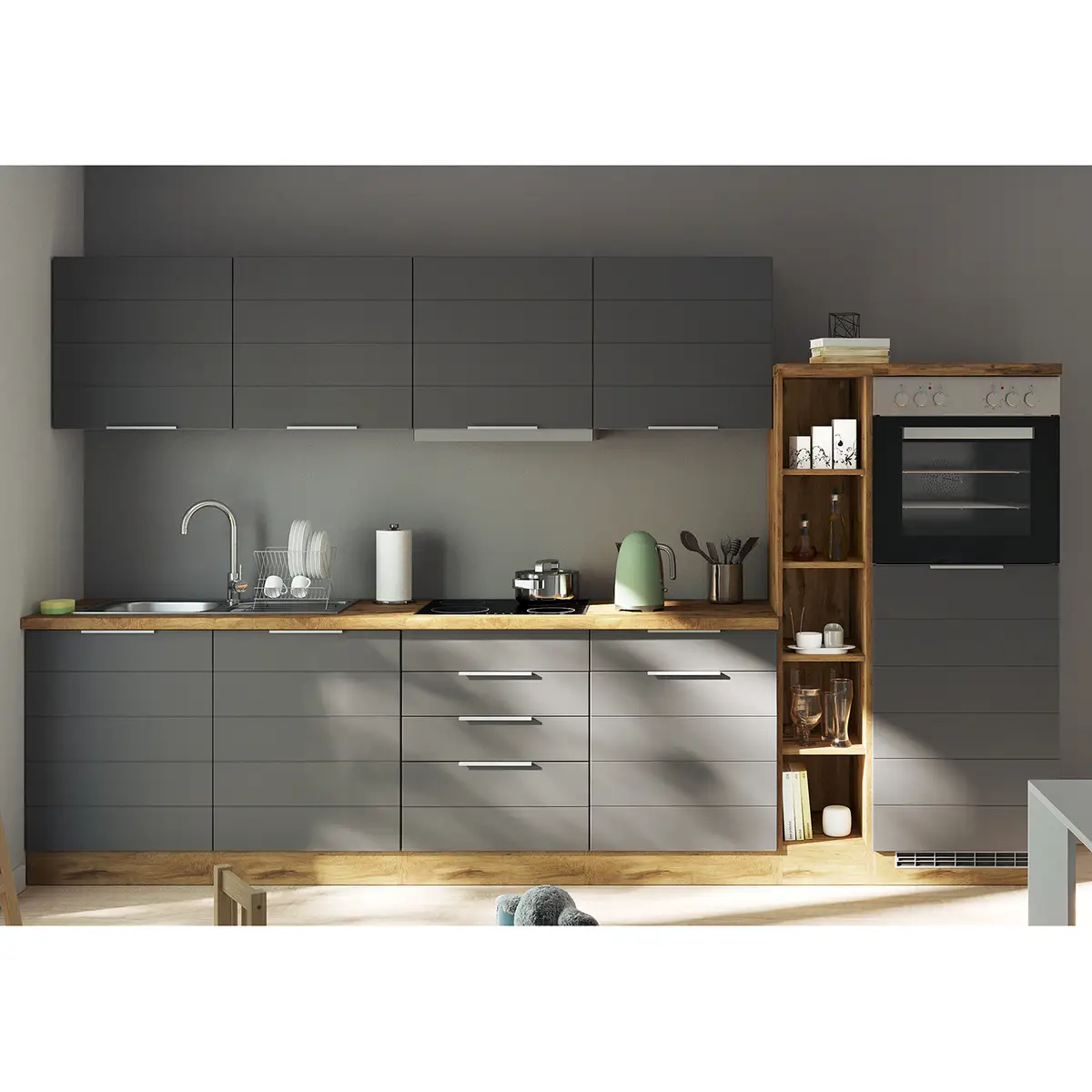 Küchenzeile Florenz III 330cm Grau Matt Grau mit Elektrogeräten