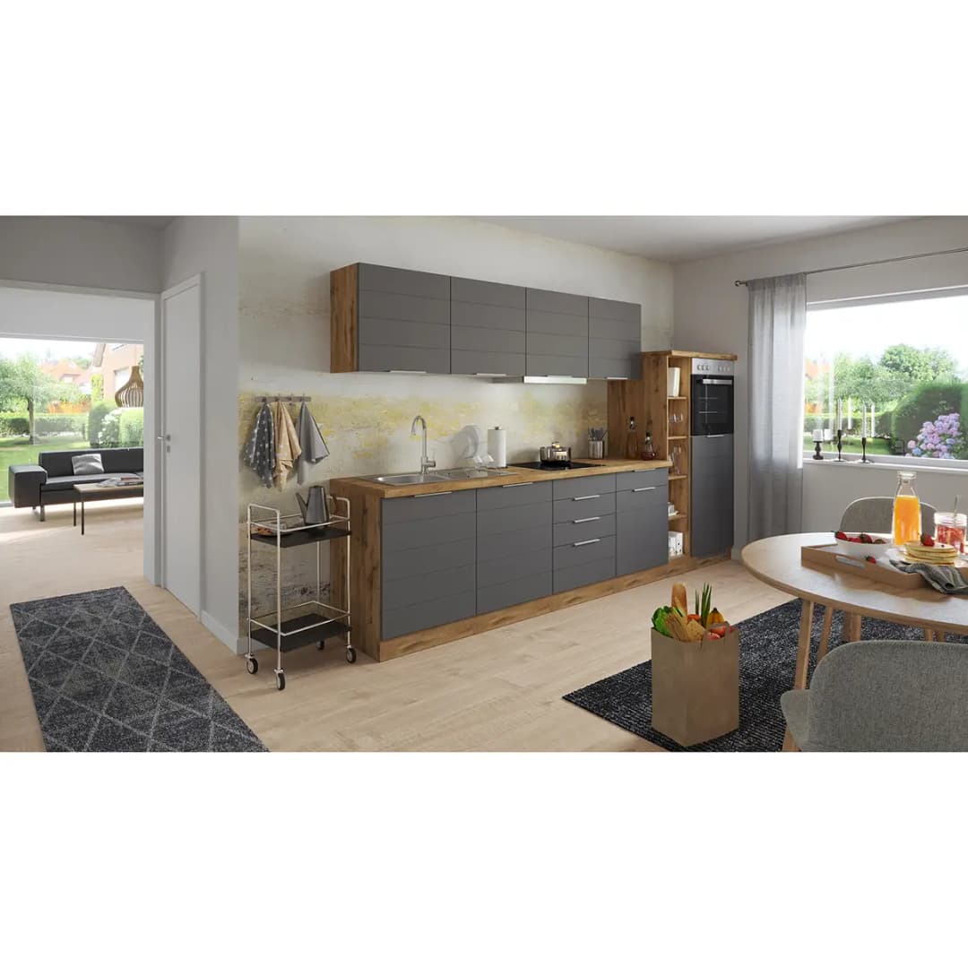 Küchenzeile Florenz III 330cm Grau Matt Grau mit Elektrogeräten