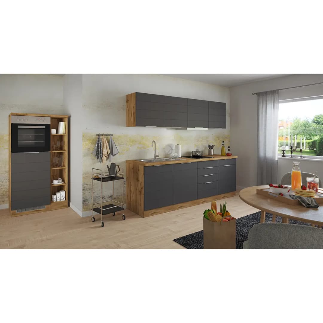 Küchenzeile Florenz III 330cm Grau Matt Grau mit Elektrogeräten