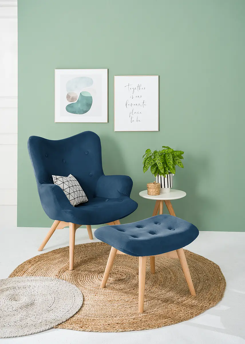 Sessel Blau Samt Vaia mit Hocker | Blau