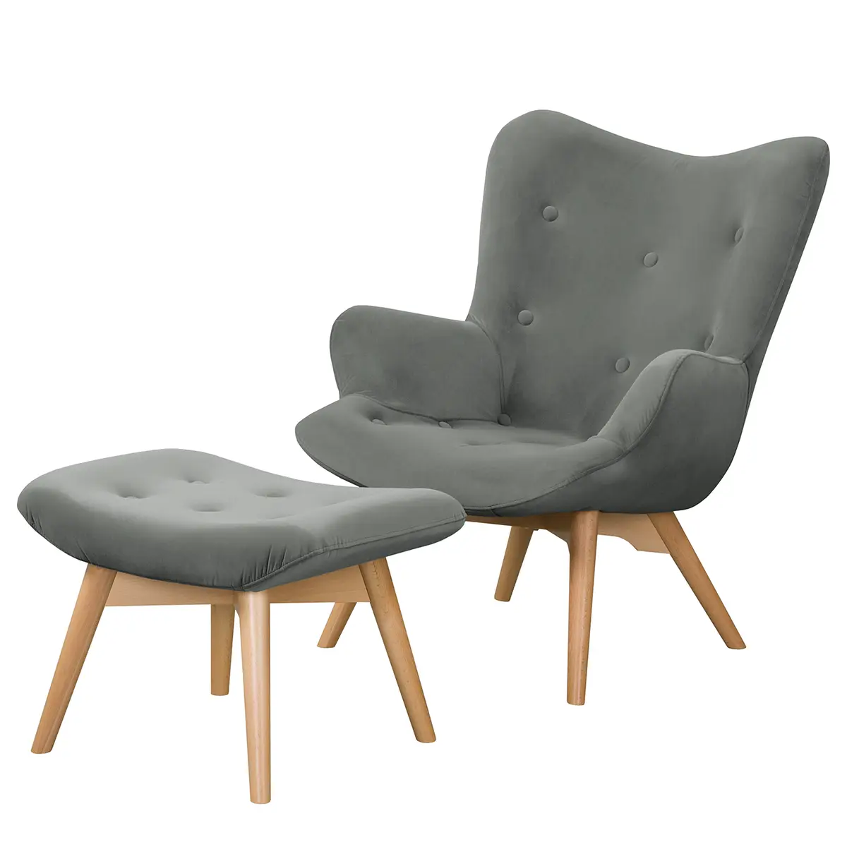 Sessel Grau Samt Vaia mit Hocker | Grau