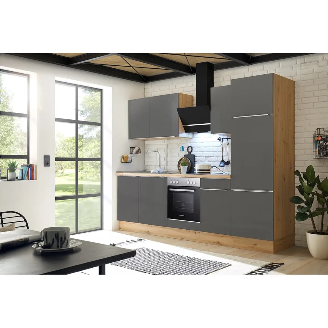 Küchenzeile II 280cm Grau/Grau/Eiche Artisan Dekor | Grau