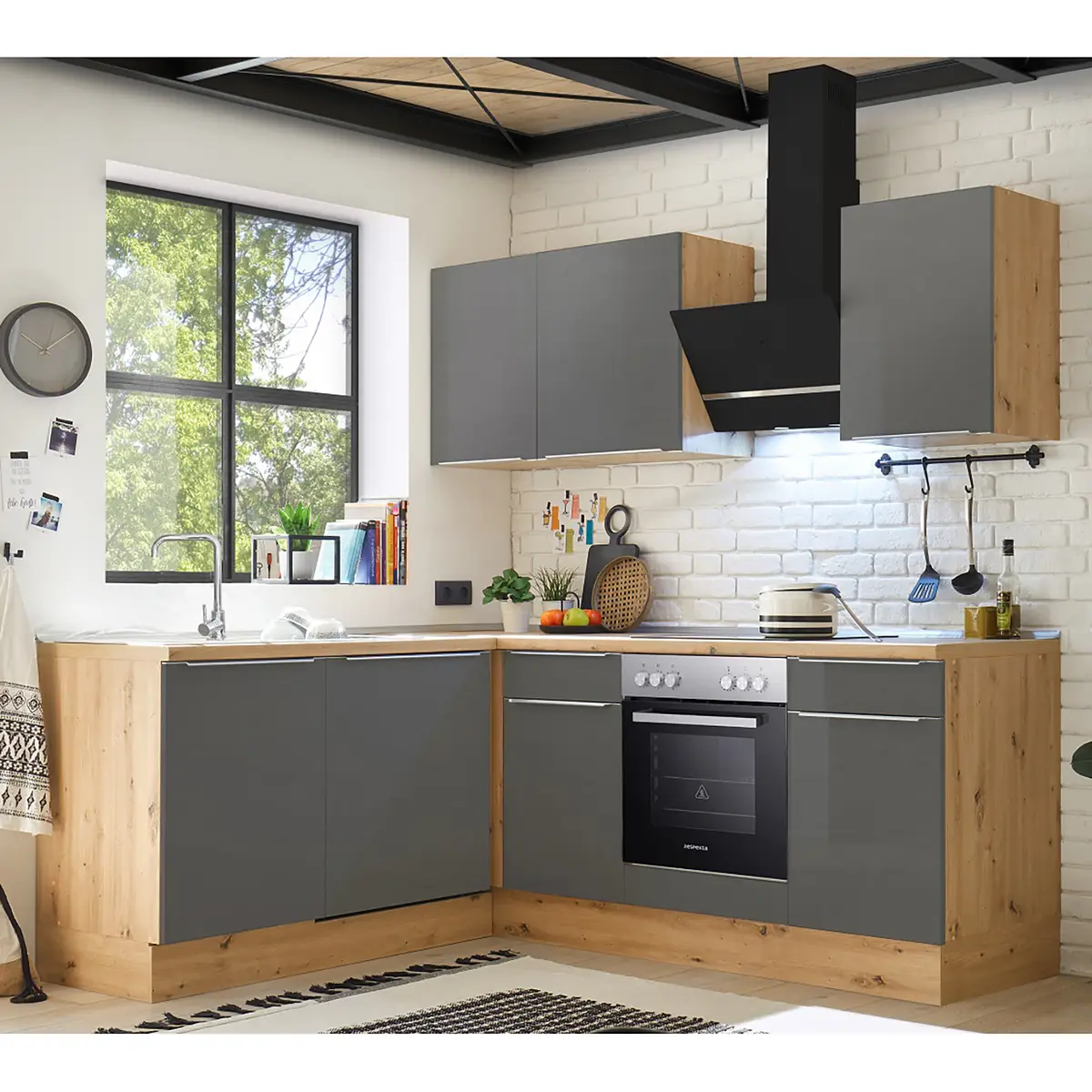 Eck-Küchenzeile Amanda II 220cm Grau/Grau/Eiche Artisan Dekor