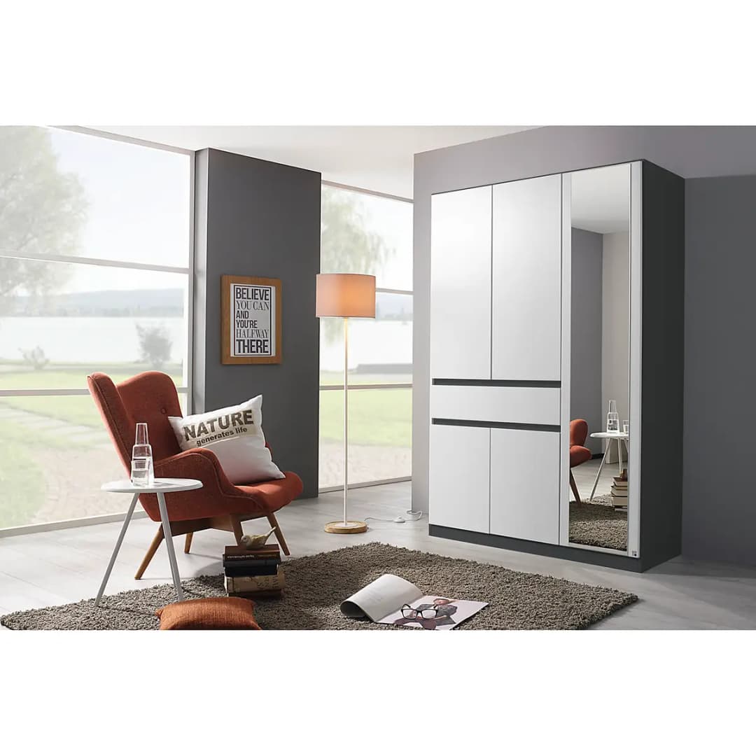 Drehtürenschrank 136cm Weiß/Alpinweiß/Graumetallic | Weiß