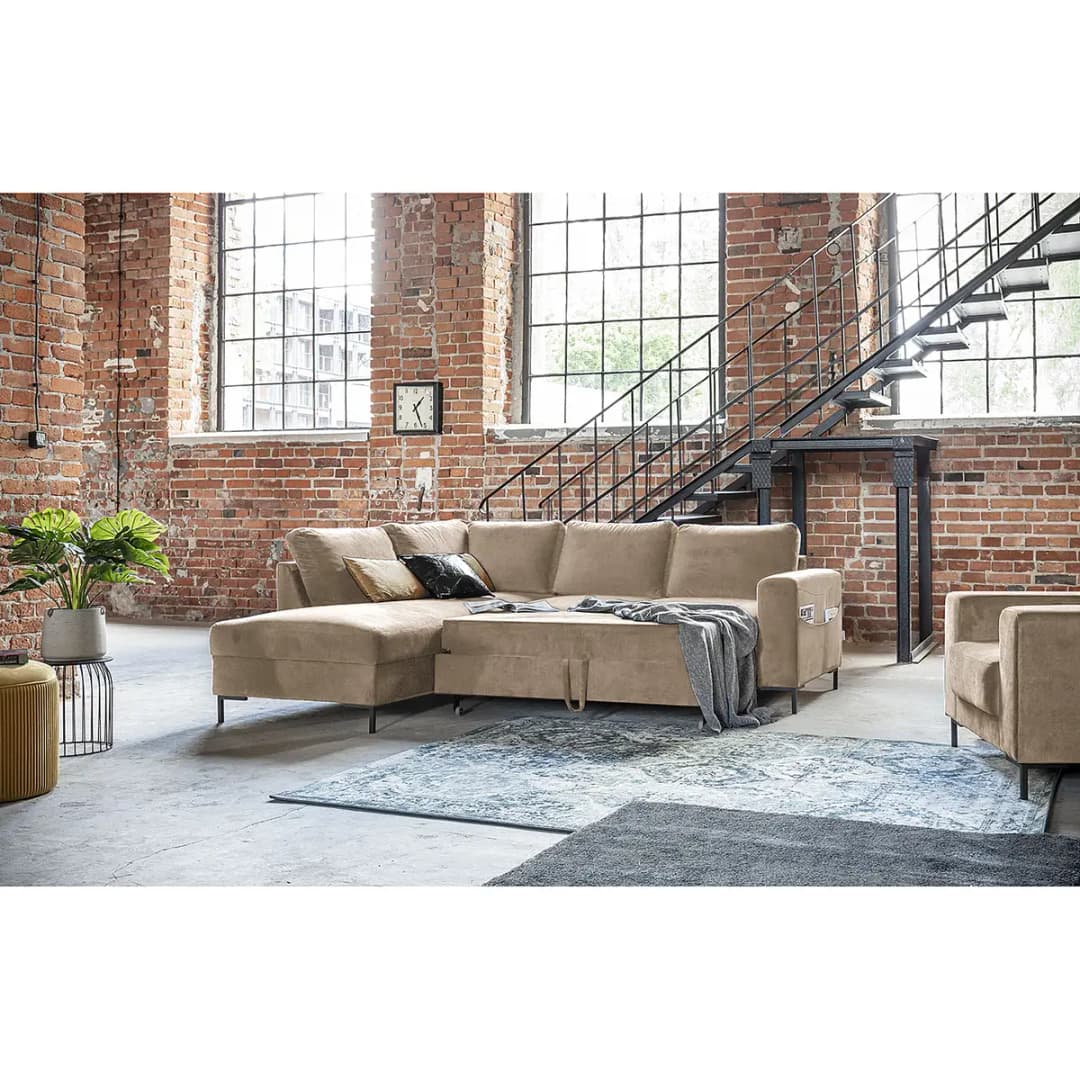 Ecksofa mit Ottomane Beige Samt Parmis | Beige