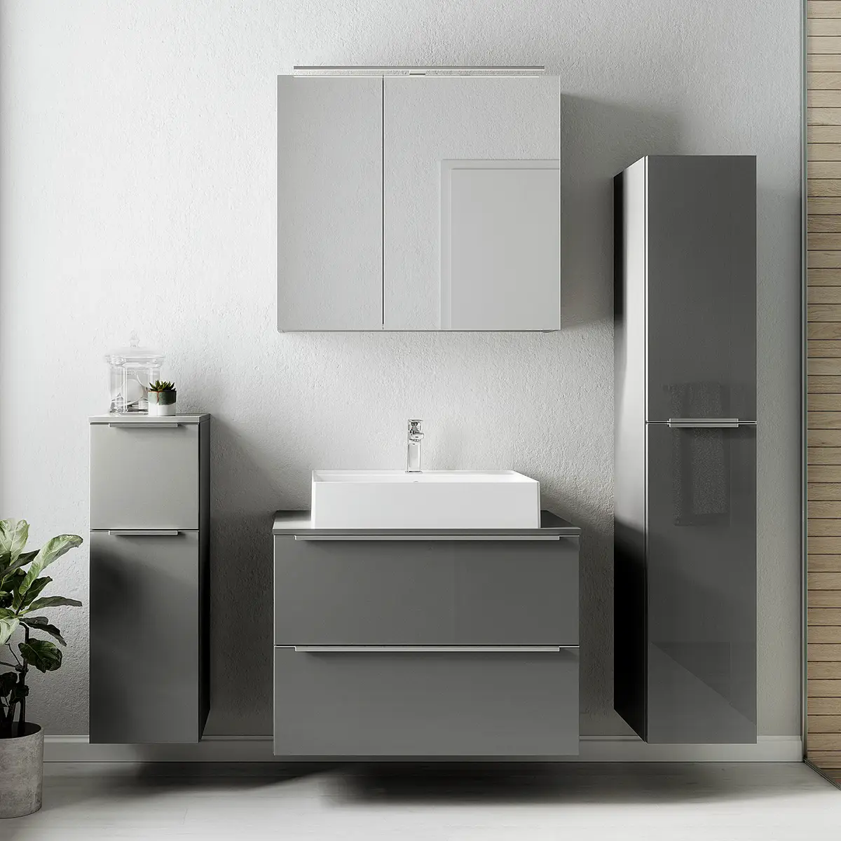 Badezimmerset MYBA XXII 4-teilig 140cm Grau/Hochglanz Grau | Grau