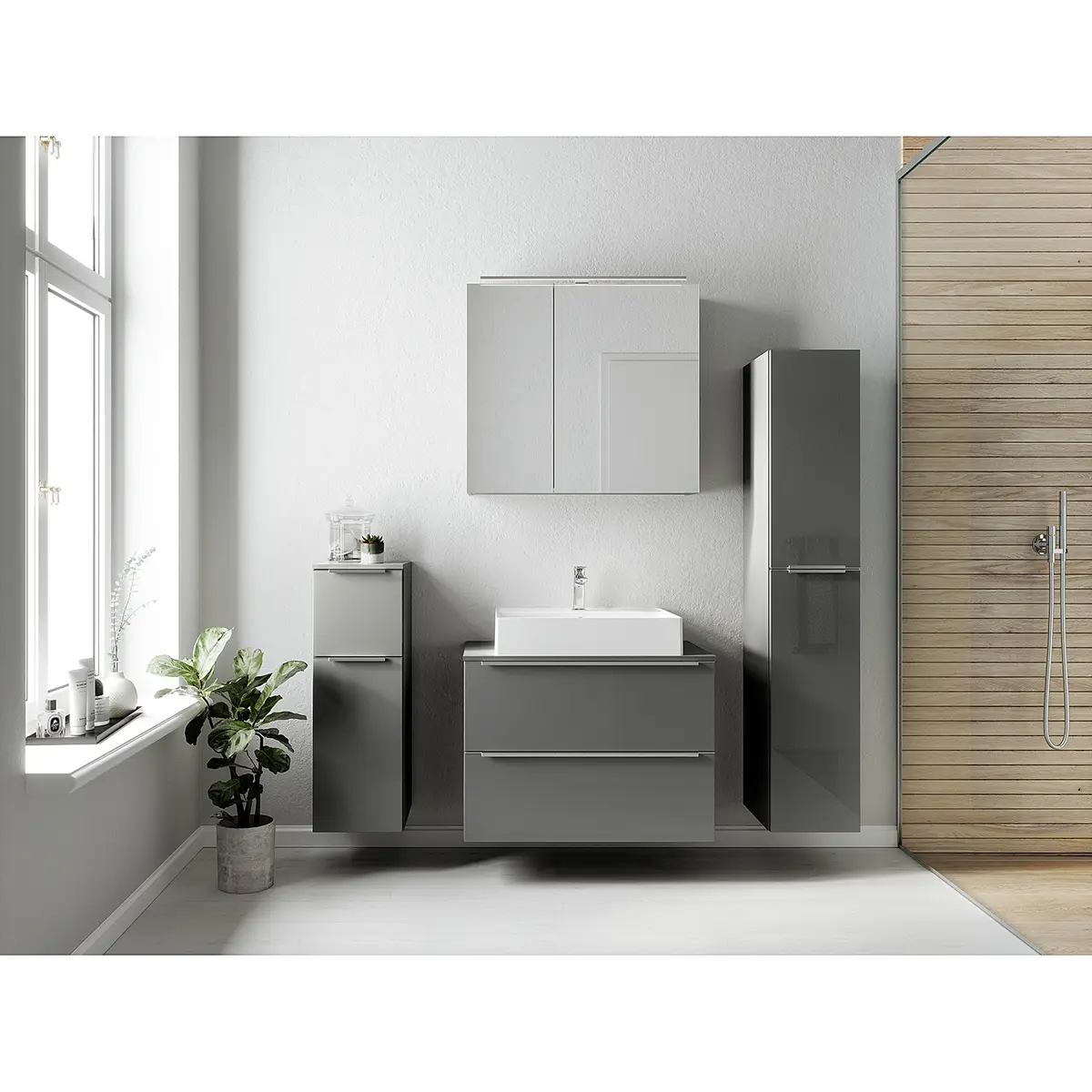 Badezimmerset MYBA XXII 4-teilig 140cm Grau/Hochglanz Grau | Grau