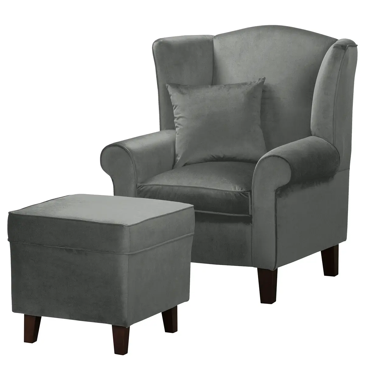 Ohrensessel Grau Samt Vaia mit Hocker | Grau