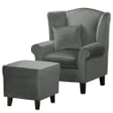 Ohrensessel Grau Samt Vaia mit Hocker | Grau