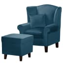Ohrensessel Blau Samt Vaia mit Hocker | Blau