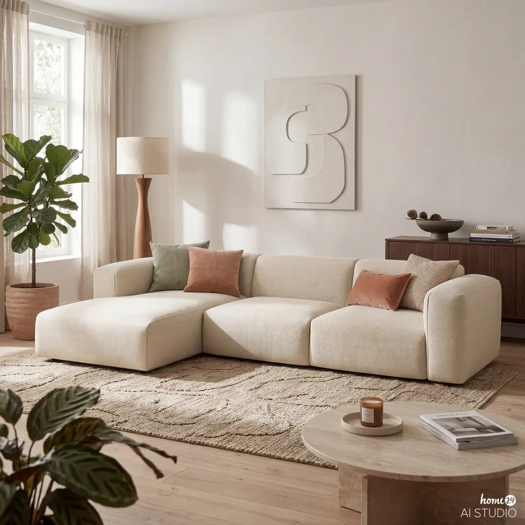 Ecksofa 3-Sitzer mit Longchair Beige Cordstoff Snor | Beige