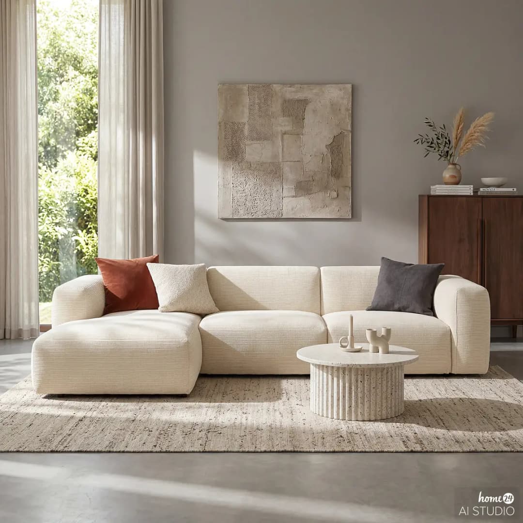 Ecksofa 3-Sitzer mit Longchair Beige Cordstoff Snor | Beige
