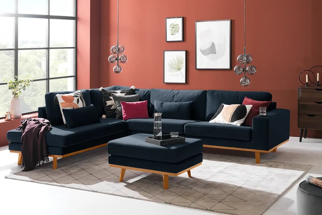 Ecksofa mit Ottomane Blau/Dunkelgrau Samt Sadia | Blau