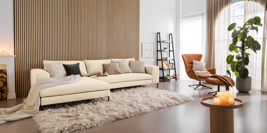 Ecksofa mit Longchair Beige Webstoff Caya | Beige